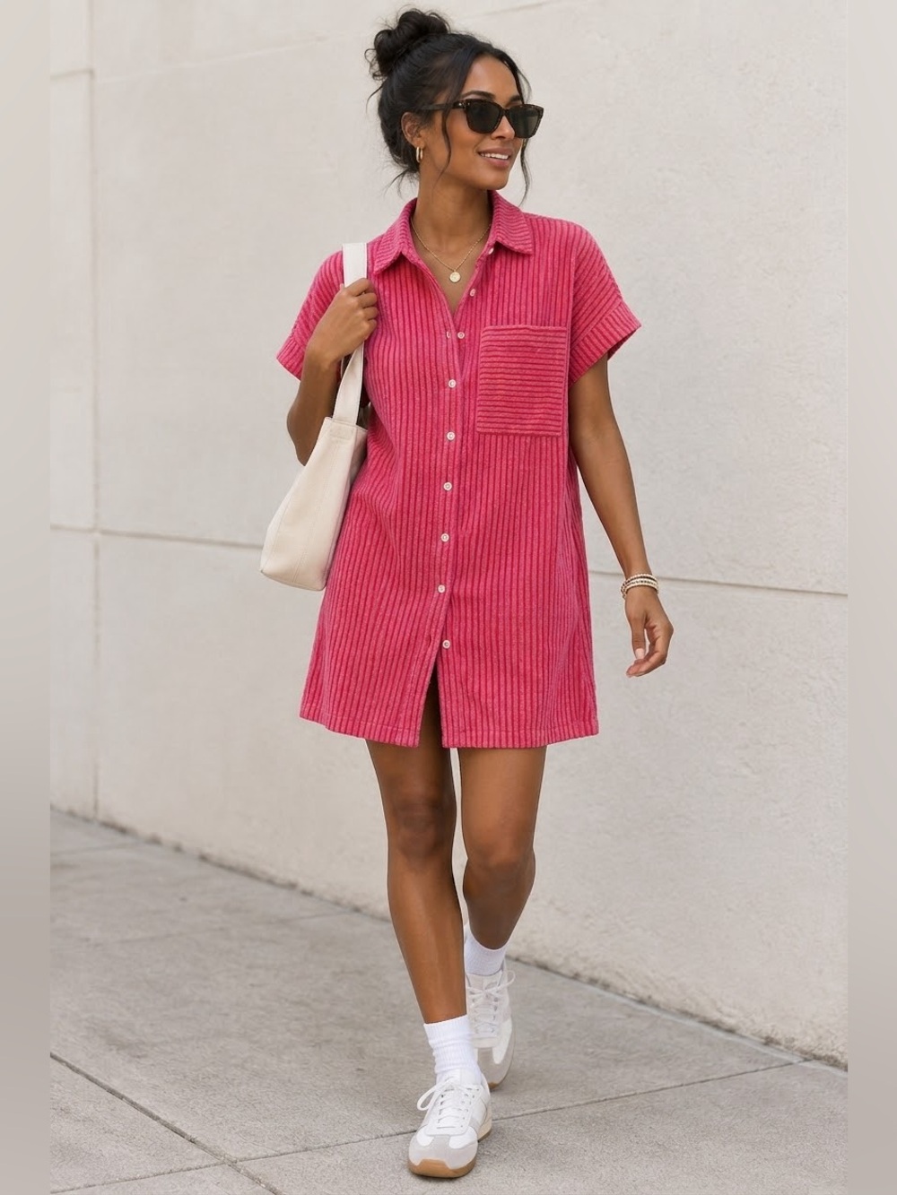 FRNCH Paris Pink Striped Shirt Dress Mini Button Front Streetwear M